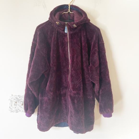 Vintage Columbia Purple Textured Sherpa Fleece Long Line Hooded Jacket L - Picture 1 of 10